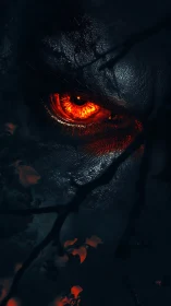 Demonic red eye emerging from darkness and twisted branches.