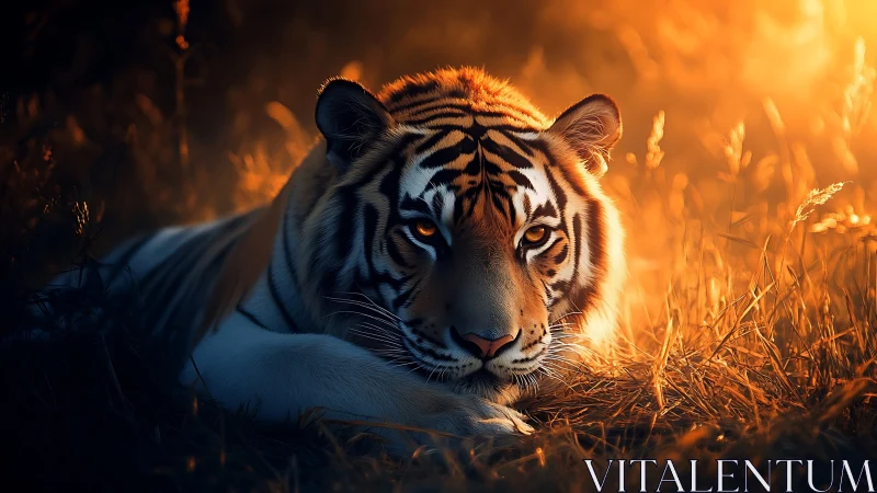Golden-hour tiger rests in glowing grassland calm.