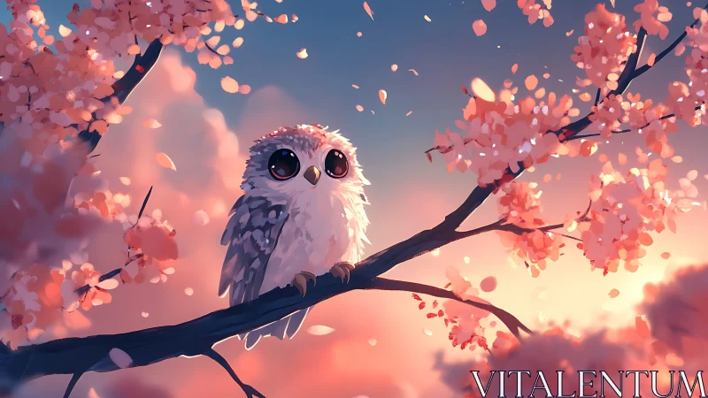 Cute Baby Owl on Cherry Blossom Branch, Dreamy Digital Art.