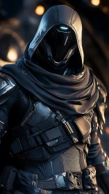 Midnight cyber assassin cloaked in gleaming tactical armor.