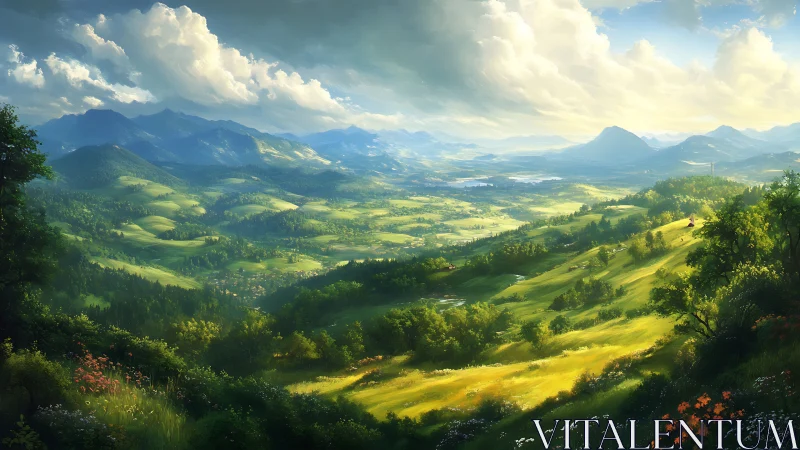 Sunlit valley landscape with distant blue mountain ranges.