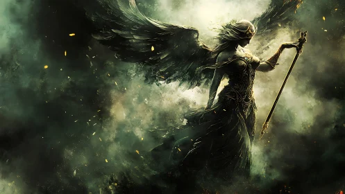 Winged warrior goddess emerging through burning storm clouds.