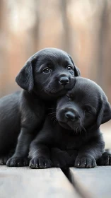 Black labrador puppies rest close together on wooden boards