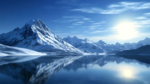Sunlit alpine titan mirrored in glassy winter stillness.