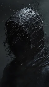 Hooded humanoid silhouette coated in glossy fracturing black resin