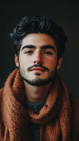 Warmly lit portrait of young man in textured scarf.