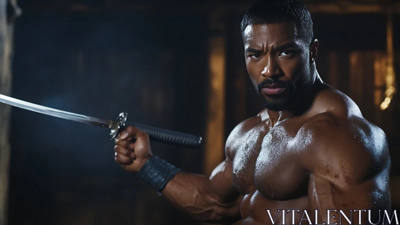 Muscular warrior holding katana in dim interior setting.