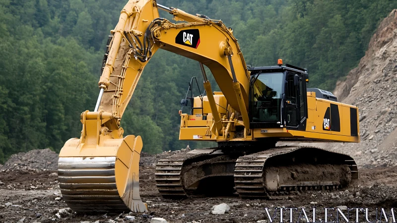 Large CAT excavator on rocky construction work site.