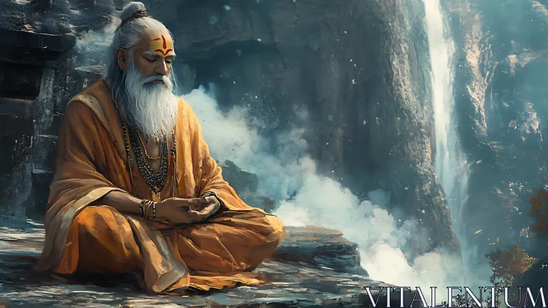 Hermit yogi meditating on misty cliff ledge beside waterfall