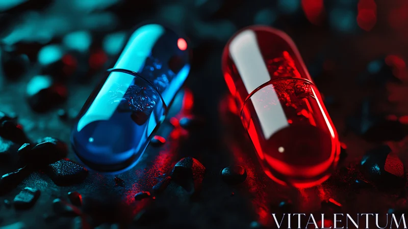 Photorealistic dual capsules in cinematic neon contrast lighting.