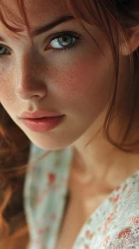 Photorealistic close-up portrait with freckled skin rendering.