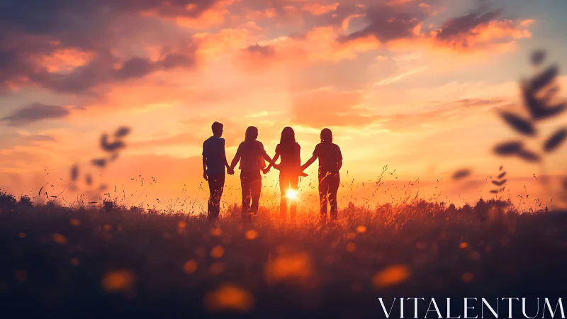 Silhouetted group stands in field during low-angle sunset
