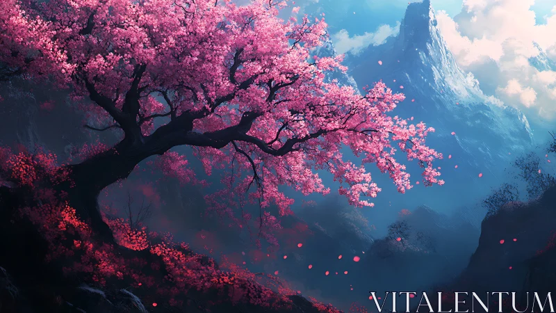 Cherry blossom tree on misty mountain valley slope.