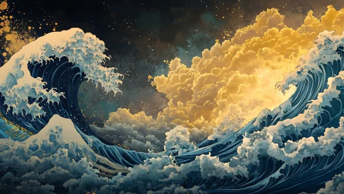 Storm-tossed waves collide with luminous golden clouds.