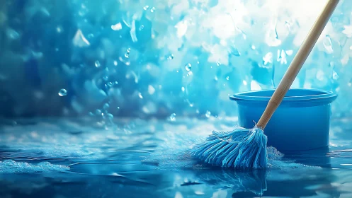 Wet blue mop and plastic bucket on reflective floor surface.