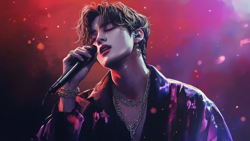 Male singer holds microphone under vivid stage lighting