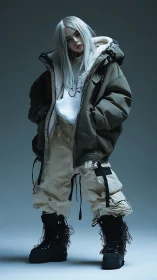 Streetwear portrait of silver haired model in oversized parka