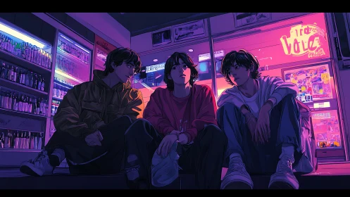 Three teens sit outside neon convenience store at night