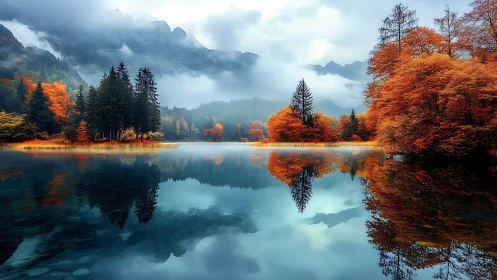 Mountain lake with autumn forest reflected in water.