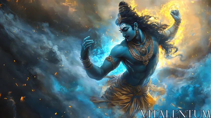 Blue-skinned mythic dancer in swirling cosmic clouds.