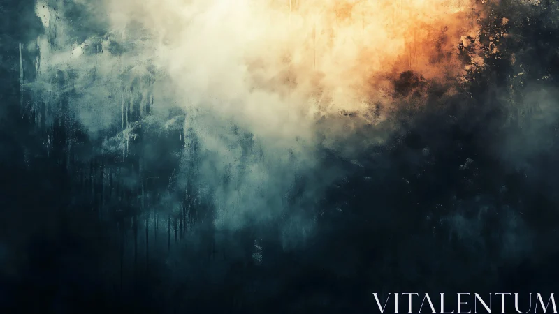 Soft dawn rising through stormy abstract misty clouds.