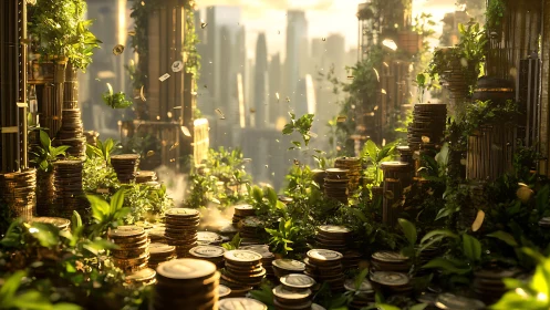 Lush futuristic city of stacked coins and overgrown plants.