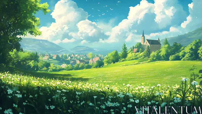 Idyllic village meadow under luminous summer cumulus sky.