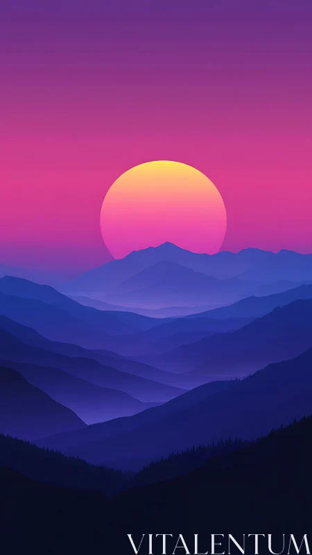 Digital gradient sun sets behind layered blue mountain ranges