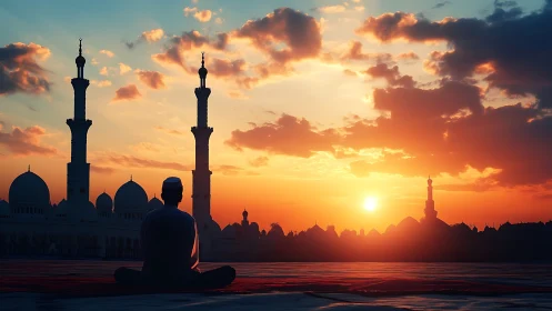 Silhouette of seated figure before mosque at low sun