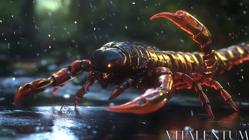 Armored cybernetic scorpion-centipede stalks through rain.