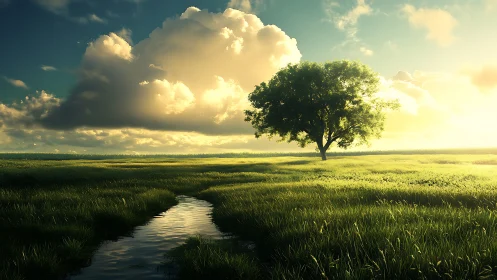 Sunlit grassland with single tree and narrow reflective stream