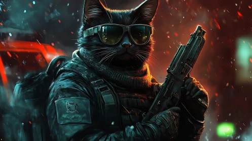 Tactical cyberpunk black cat operative with rifle in neon haze
