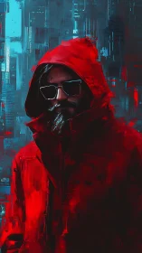Hooded figure in red coat against abstract urban backdrop.