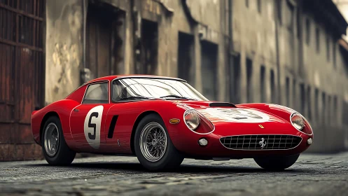 Vintage red race car gleams in narrow historic street.