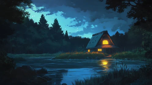 Cozy riverside cabin glows warmly beneath a deep blue night sky