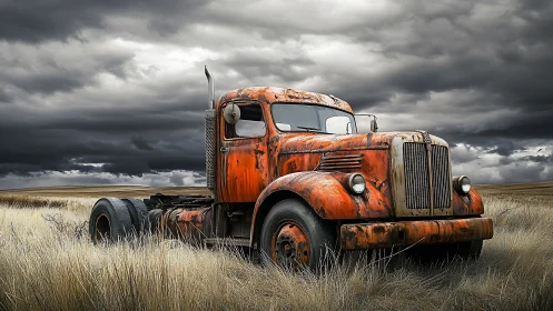 Rusting orange semi truck abandoned in stormy grassland plains.