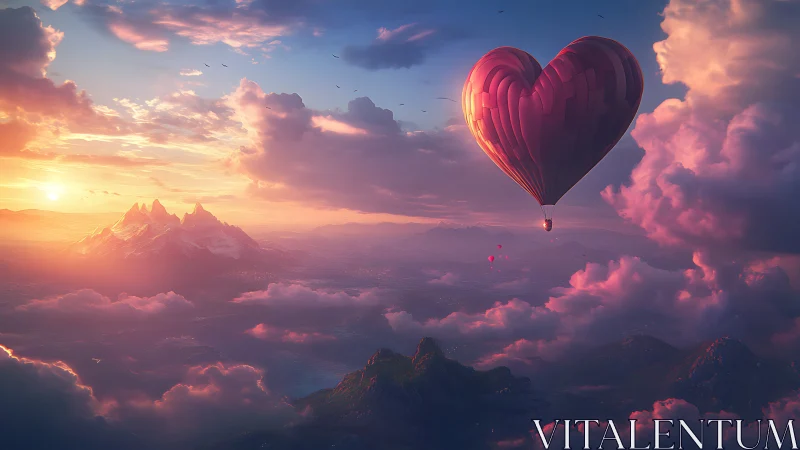 Red Heart-Shaped Hot Air Balloon at Sunset.