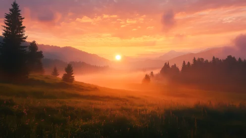 Sunlit mist rolls over tranquil mountain forest valley.