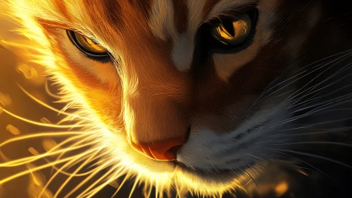 Digital painting close-up of luminous feline portrait lighting.