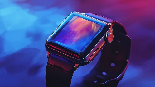 Smartwatch rendered with neon gradients and reflective glass