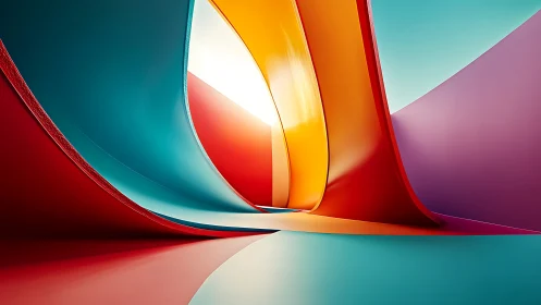 Curved color ribbons form luminous abstract tunnel space.
