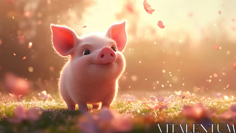 Piglet stands on grass in soft backlit flower meadow