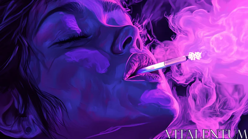 Neon-lit portrait captures smoker exhaling glowing violet vapor