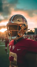 College football player in red uniform at sunset stadium.