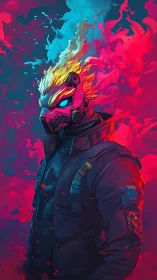 Cybernetic incendiary operative with neon plasma flame halo