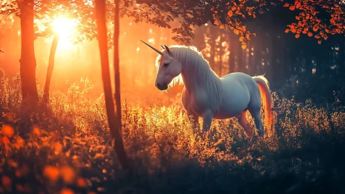 Sunlit unicorn stands in glowing autumn forest atmosphere