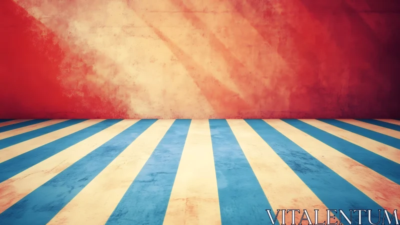 Striped perspective studio with weathered red plaster wall