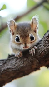 Small rodent on tree branch with large reflective eyes.