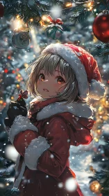 Snowlit anime girl in red Santa coat under glowing ornaments