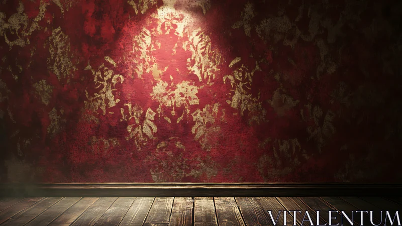 Textured damask accent wall with dramatic spotlighting effect.